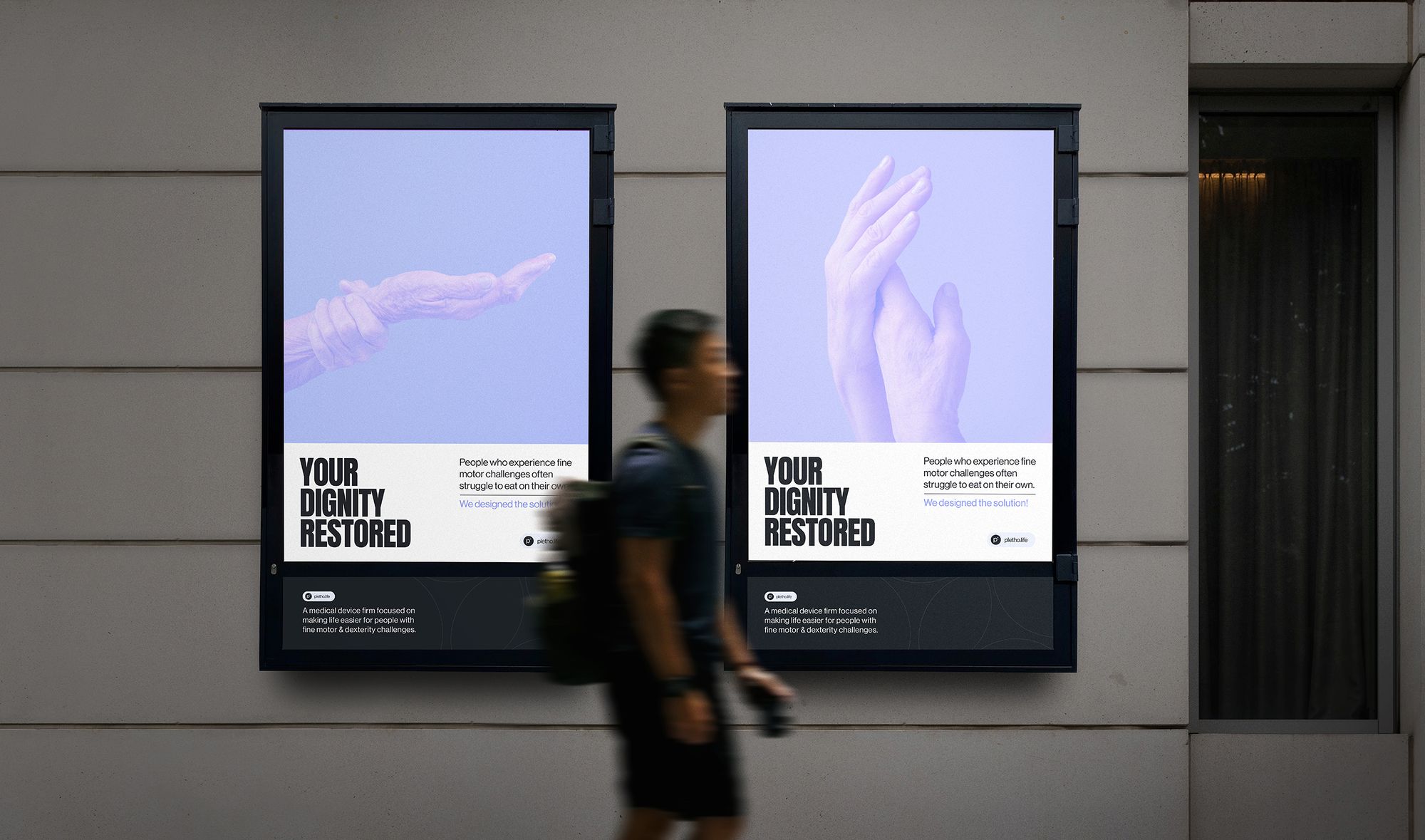 Pletho poster campaign on a street-side display, reading Your Dignity Restored.